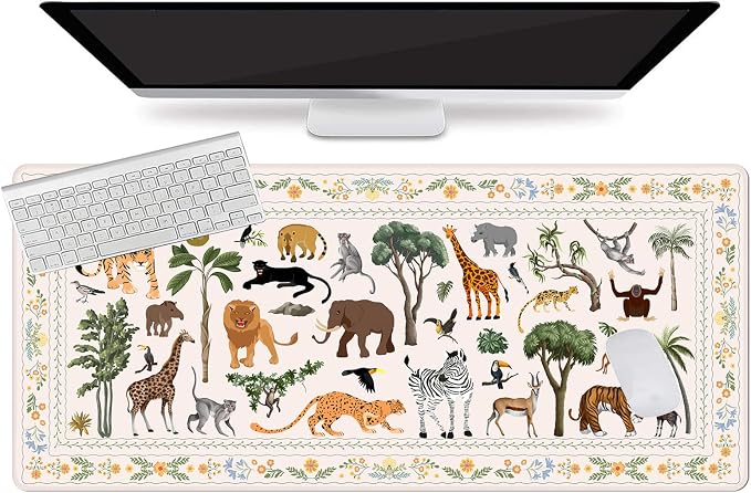 L-SPOUTTO Jungle Animal Desk Mat for Keyboard and Mouse,XXL Large Mouse Pad | Cute Non-Slip Keyboard Pad Waterproof Desktop Mat for Laptop Computer Work Game Home Office-Ivory/Beige