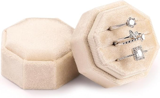 WantGor Velvet Ring Box, 3 Slots Jewelry Ring Gift Box Vintage Ring Display Holder Case for Wedding Ceremony Proposal Engagement (Champagne)