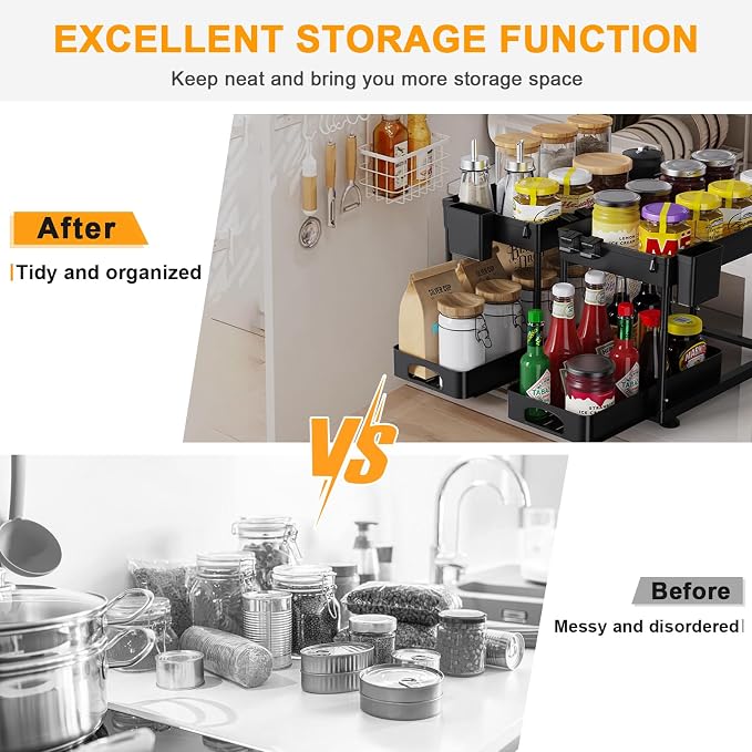 Under Sink Organizers and Storage, 2 Pack Height Adjustable Bathroom Cabinet Organizer, 2 Tier Sliding Under Sink Organizer, Sturdy Pull Out Bathroom Storage, with 12 Hooks & Hanging Cups, Black