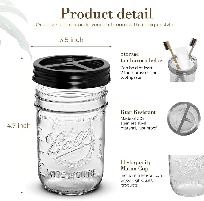 2Pcs Mason Jar Toothbrush Holder 16oz Glass with Rustproof Stainless Steel - Farmhouse Décor Bathroom Toothbrush Holder（Black）