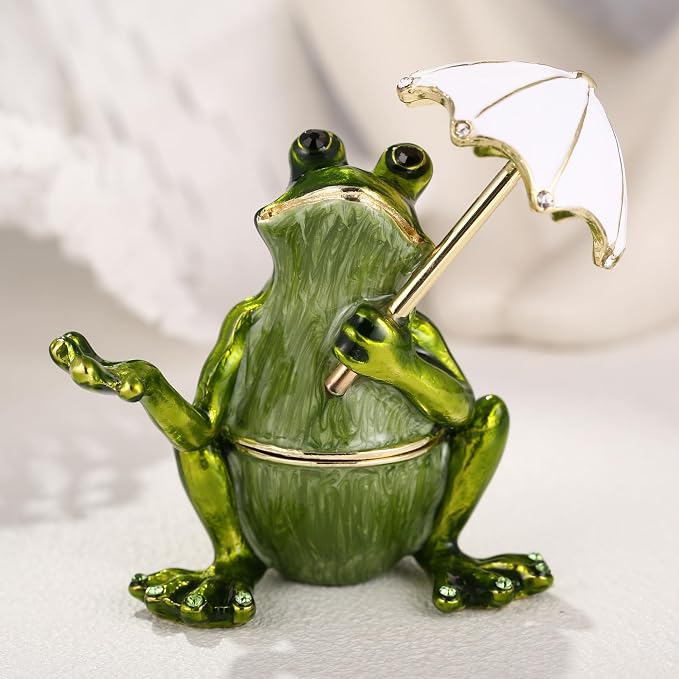Hand Painted Animal Trinket Box for Home Decor, Hinged Jewelry Organizer Storage, Unique Personalized Collectible Keepsake Figurine Handmade Decorative Ornament Gifts (Umbrella Frog)