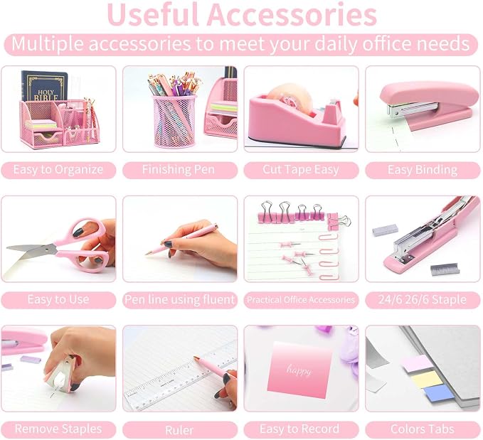 Pink Desk Organizers and Accessories,12Pcs Pink School Supplies for Girl | Office Supplies for Women Coworkers Students, Include Stapler, Pen Holder, Tape Holder, Scissors, Ruler, Staple Remover