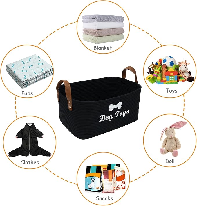 Geyecete X-Large Cotton Rope Dog Basket with Leather handle Blanket Storage Basket Decorative Clothes Hamper Basket | Extra Large Baskets for Blankets or Laundry-Black