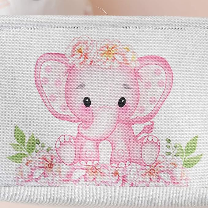 Large Nursery Elephant Baby Basket for Shower Gift - Pink Girl Gift Bag, Collapsible and Empty - Decor for Kidsroom, Nursery, Play Room (Large)