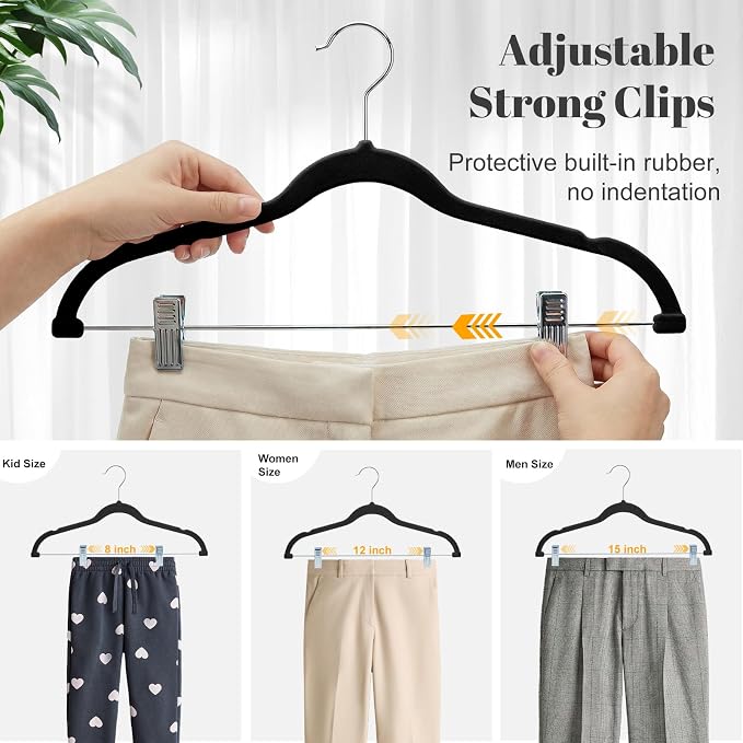 HOUSE DAY Velvet Skirt Hangers 24 Pack, Black Velvet Pant Hangers with Adjustable Clips, Space Saving Slim Shorts Hanger, Heavy Duty Non Slip Clip Hanger for Pants, Skirts, Shorts
