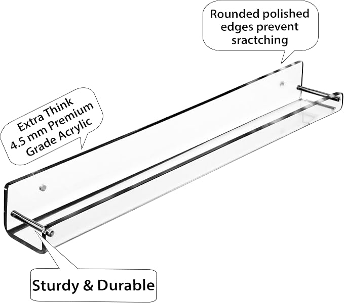AMT 4 Pack Acrylic Floating Shelves, 15" L x 1.6" W, Clear Bathroom Wall Shelf, Bookshelves, Invisible Display for Office, Bedroom, Small Gap Allows Water to Escape, Free Screws & Drill Bit (Small)