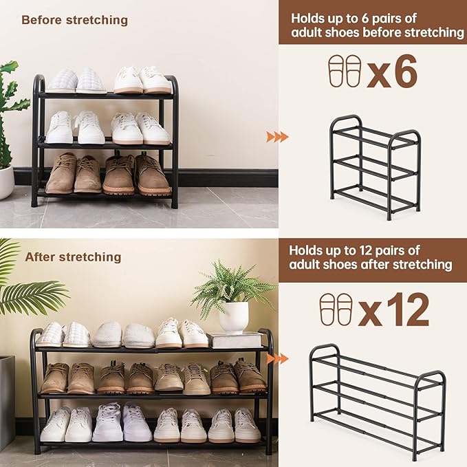 Gonfoam Shoe Rack for Closet, Expandable Shoe Organizer Storage Shelf, Adjustable Metal Free Standing Small Closet Shoe Rack for Entryway, Doorway (3-Tier Black)