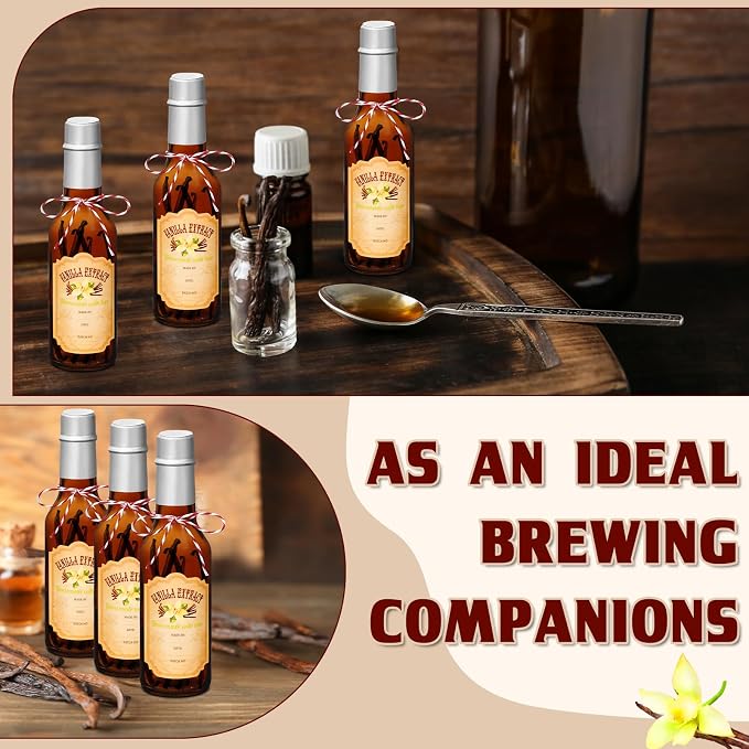 Tioncy 16 Pcs Empty Vanilla Extract Bottles for Homemade Vanilla Jar Glass Bottle with Cap, Shrink Band, Sticker DIY Crafts Wedding Gift Food Storage Canister for Bean(Brown, Silver,5 oz)