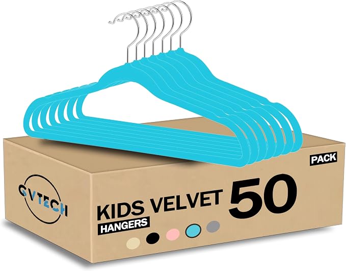 GVTECH Kids Hangers Velvet, [50 Pack] Children Cloth Durable Baby Hangers for Closet Perfect Infant Toddler Kid Hanger for Everyday Use, Non Slip 360° Hooks for Shirt, Pant (50 Pack, Light Blue)