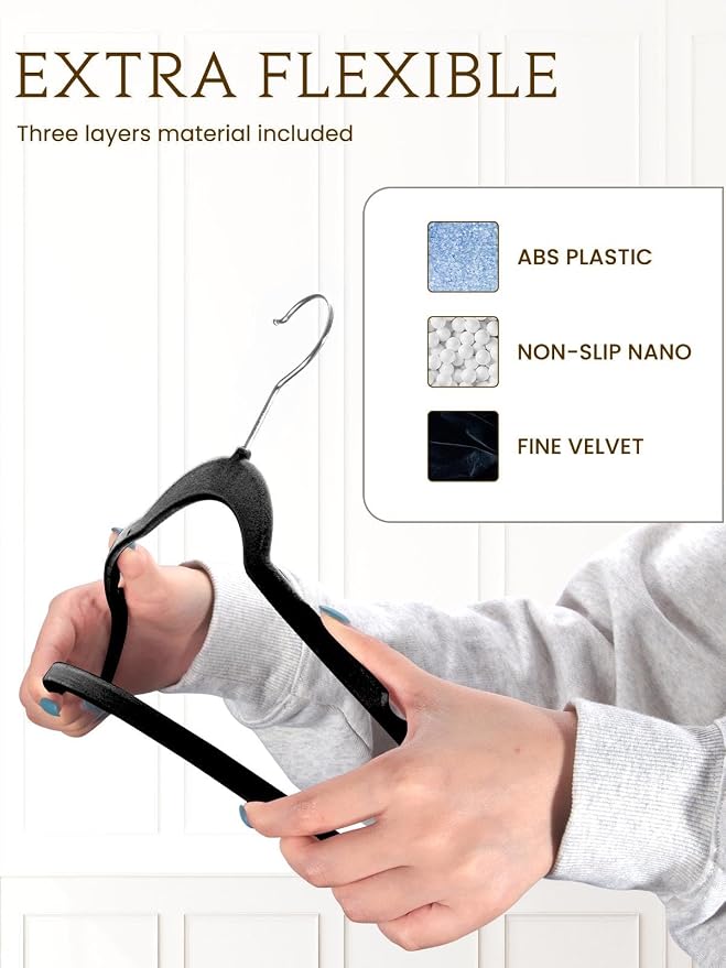 Black Velvet Hangers 70 Pack, Non Slip Felt Slim Hangers for Space Saving | 360° Silver Hooks; Shoulder Notches; Heavy Duty for Coats, Suits, Dresses, Shirts, Jackets and Pants for Closet Organizer