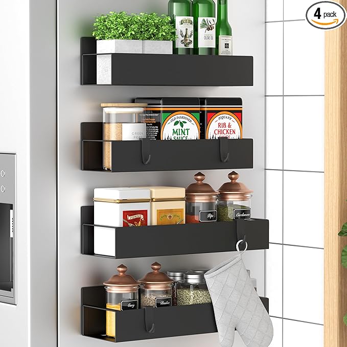 HuggieGems Metal 4 Pack Magnetic Spice Storage Rack Organizer for Refrigerator and Oven, Black Fridge Organizers and Storage, Metal