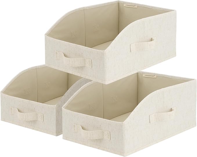 StorageWorks Closet Baskets for Organizing, Trapezoid Storage Bins, Linen Closet Organizers and Storage, Clothes Storage Baskets, Medium, Beige(Cotton-linen), 3-Pack