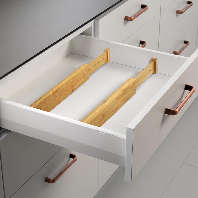 VaeFae 6-Pack Bamboo Drawer Dividers – Adjustable 14"-19.1" (Fits 15"-18" Drawers ONLY), Spring-Loaded Expandable Organizer for Kitchen, Bedroom, Office & Bathroom, MUST MEASURE Before Purchase | 6 Pack