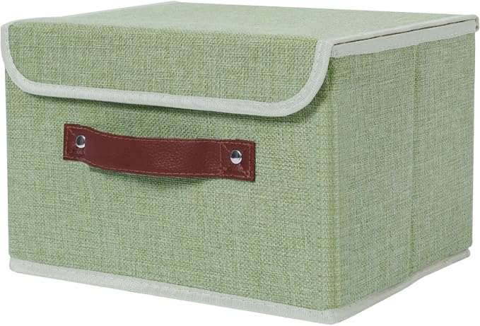 ANMINY Storage Bin with Lid Storage Boxes with PU Leather Handles PP Plastic Board Decorative Foldable Lidded Cotton Linen Fabric Home Cubes Baskets Closet Organizer Container - Green, Medium