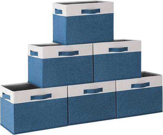 GhvyenntteS 6 Pack Fabric Storage Bins, 15x11x9.6 inch Closet Storage Bins for Shelves with 3 Handles, Foldable Storage Baskets for Shelves, Sturdy Closet Organizers and Storage Boxes, Blue