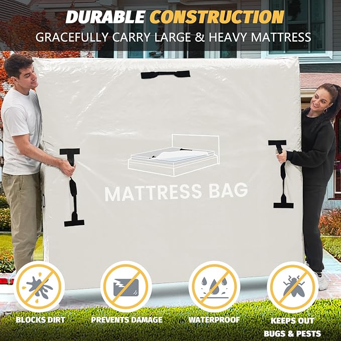Mattress Bags for Moving and Storage, BETU Waterproof Mattress Protector King Mattress Cover with 8 Heavy Duty Handles and Zipper Extra Thick Moving Supplies for Bed Reusable (82x79x13.5 White)