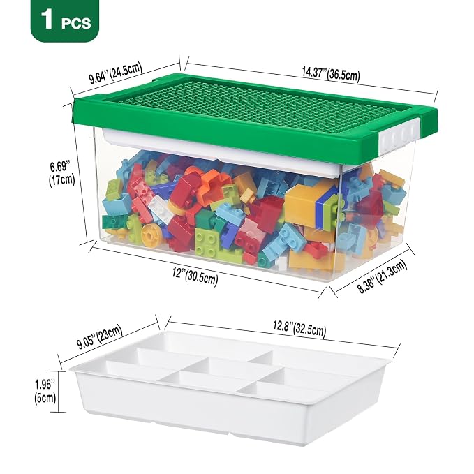 Plastic Storage Bins with Lids - 1 Set Stackable Arts Crafts Organizer Box with Removable Divided Tray &Compatible Building Baseplate,Toy Chest Containers for Bricks - (14.37"x9.64"x6.69")