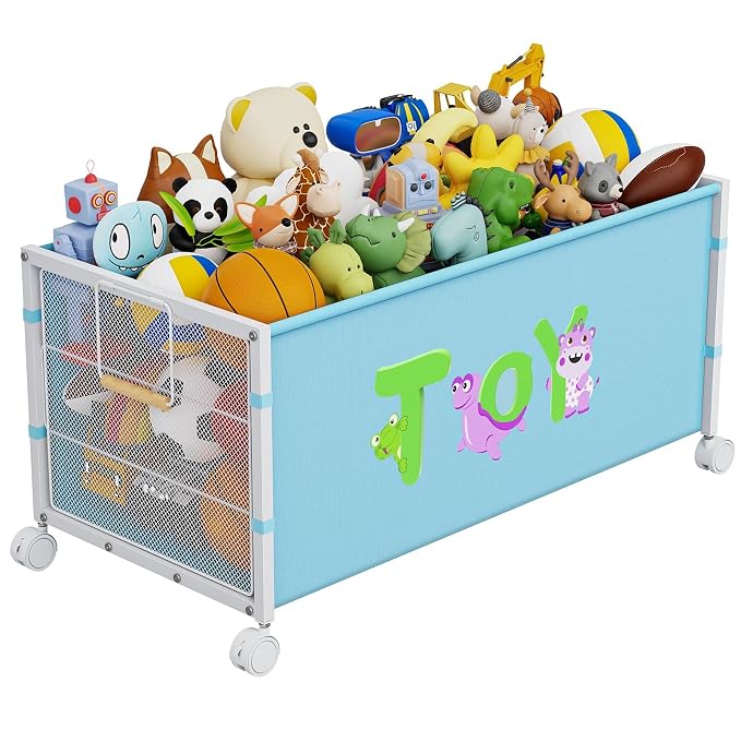 Large Toy Box with Wheels, 120L Toy Boxes for Extra Large Metal & Oxford Cloth Toy Chest Toy Organizer with Wooden Handle for Bedroom, Living Room Area, Stuffed Toys, Clothes(Blue, 1PC)