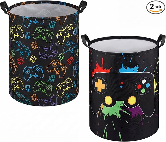 Zhehao 2 Pcs Gamer Laundry Basket Boys Kids Laundry Hamper Gamer Room Decor Gaming Storage Basket Hamper Clothes Organizer Nursery Toy Storage Bin for Gifts Bedroom Bathroom Decoration(Stylish)