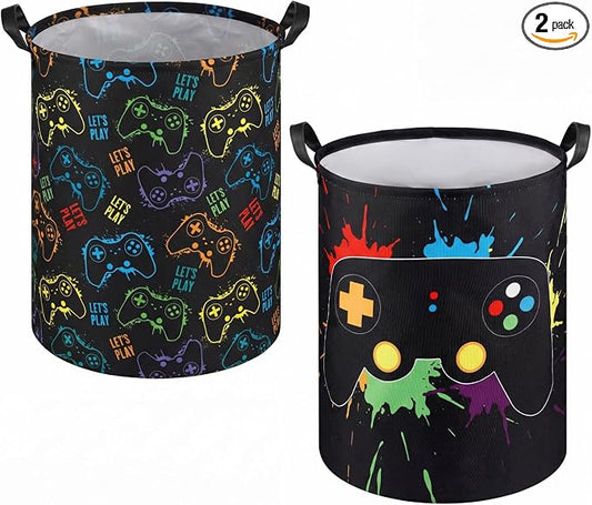 Zhehao 2 Pcs Gamer Laundry Basket Boys Kids Laundry Hamper Gamer Room Decor Gaming Storage Basket Hamper Clothes Organizer Nursery Toy Storage Bin for Gifts Bedroom Bathroom Decoration(Stylish)