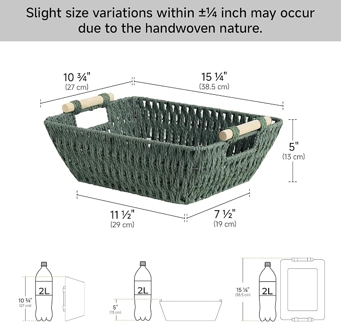 StorageWorks Large Wicker Storage Basket for Organizing with Wooden Handles, Toilet Paper Baskets for Shelf, Sage Green, 2-Pack