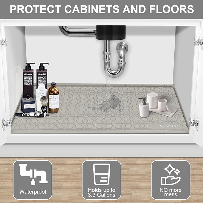 Under Sink Mat, 31" x 22" Waterproof Silicone Under Sink Tray for Kitchen & Laundry Cabinets, Kitchen Cabinet Shelf Protector, Up to 3.2 Gallons Liquid, Fits 36 inch Standard Cabinet (Khaki)