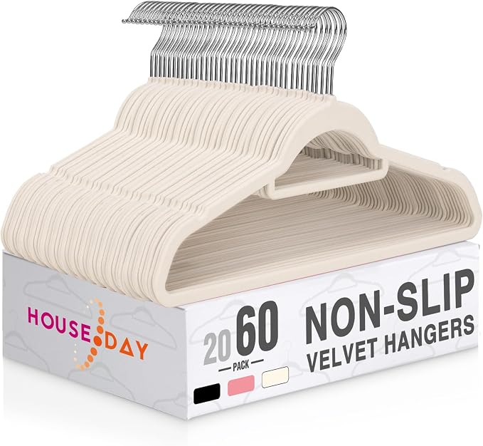 HOUSE DAY Velvet Hangers with Tie Bar 60 Pack, Clothes Hanger Non-Slip | Ivory Space Saving Felt Hangers for Pants, Coat, Suits, Shirt, Scarf, No Hanger Marks, with 360° Swivel Hook for Closet