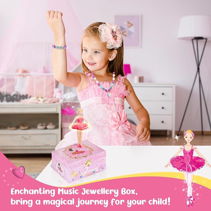 Magical M Initial Pink Ballerina & Swan Music Box - Custom Girl's Jewelry Box with Mirror & Music, Set Includes Matching Necklace & Bracelet, Special M Letter Jewelry Box for Girls