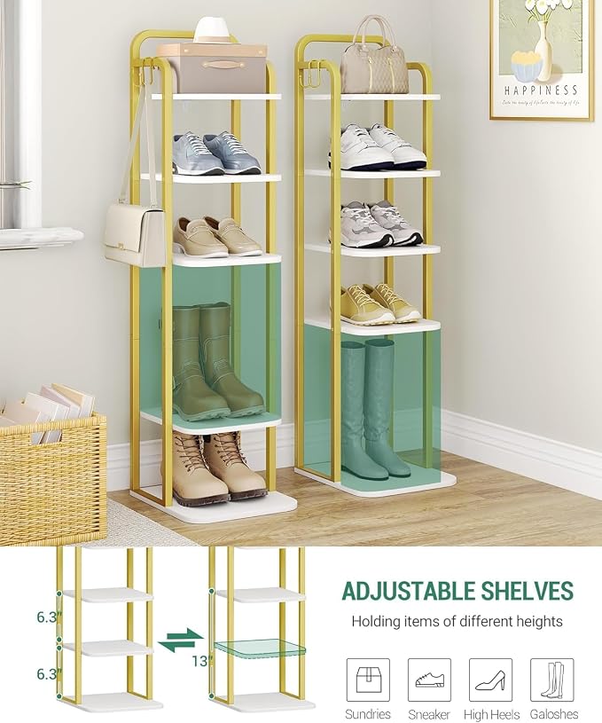 Hzuaneri 6 Tiers Vertical Shoe Rack, Narrow Shoe Tower, Tall Shoes Shelf with 2 Hooks, Adjustable Shelves, Corner Shoes Shelves for Small Spaces, Entryway, Living Room, White Gold SR04213A