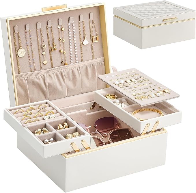 Lolalet Jewelry Box Organizer for Women Girls, 2 Layer Jewelry Organizers and Storage for Necklace Earrings Rings Bracelets, Large Jewellery Holder Case Birthday Gifts -Cream