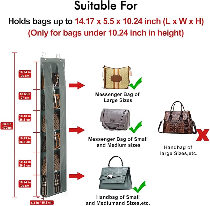Lirex Over The Door Purse Organizer, Space-Saving Medium and Large Handbag Storage Organizer Clothing Closet Hanger, Dark Grey