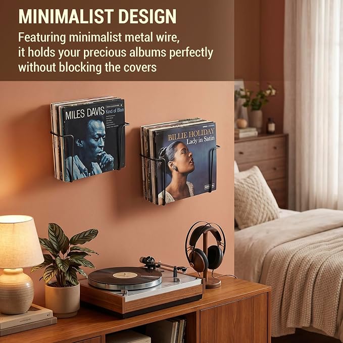MyGift 2-Pack Vinyl Wall Mount Holder - Floating Record Shelf for Vinyl Display, Black Metal Record Wall Display Shelves