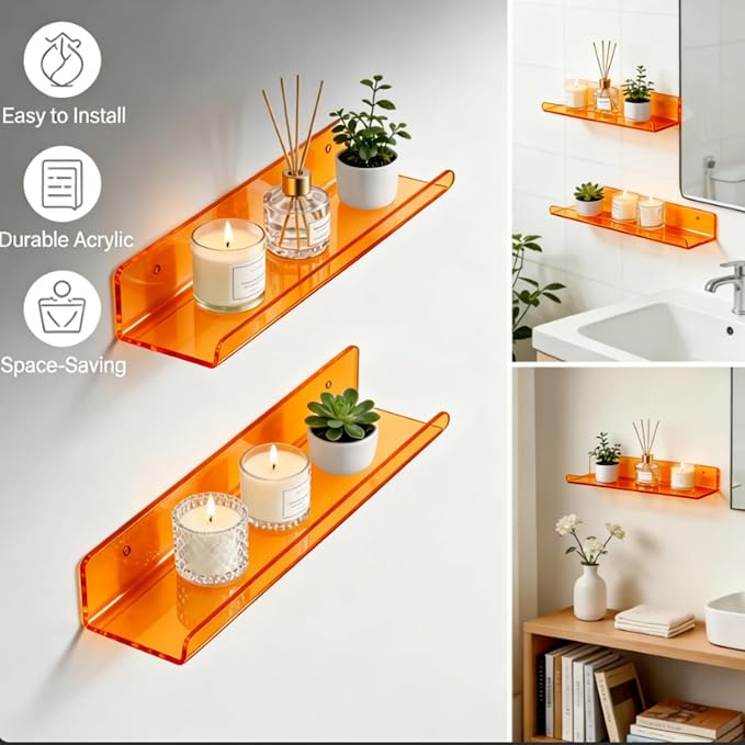 ROYALITA 2-Pack Acrylic Shelves Wall Mounted, 17 Inch Display Shelves | for Small Items Plants Organize Wall Shelves for Gaming Room, Bedroom, Living Room, Office, Orange
