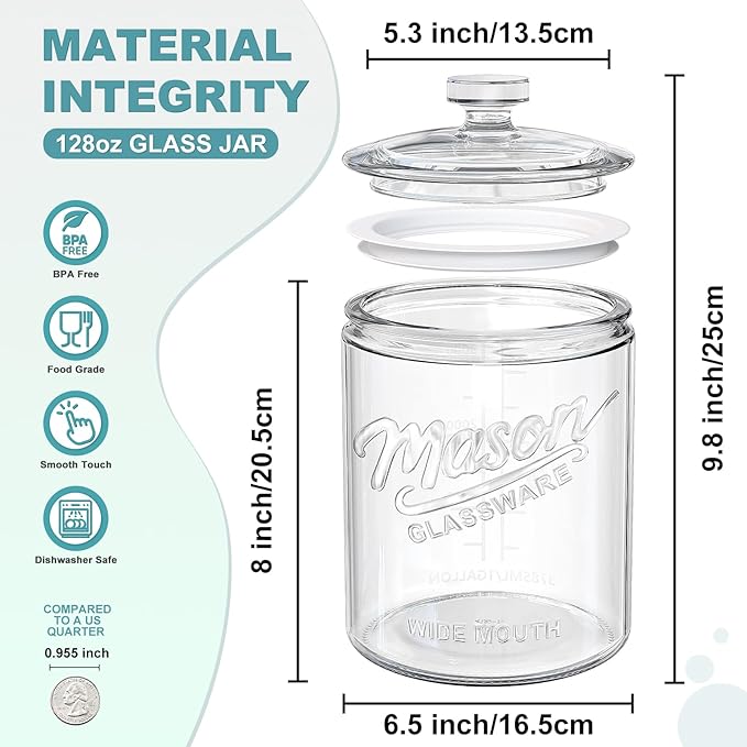 1 Gallon Glass Cookie Jar with Airtight Lid, Large Wide Mouth Mason Jar for Flour Sugar Container, Kitchen Canister for Candy, Coffee, Dog Treat Storage, Terrarium, Apothecary, Laundry Room, BPA Free