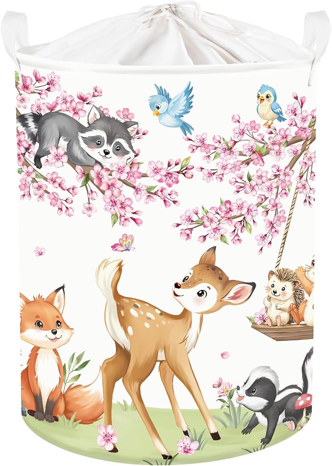Clastyle Forest Animal Baby Storage Basket Leaf Kid Laundry Hamper Boy Girl Gift Toy Box Collapsible Clothes Organizer Nursery Bin for Bedroom, Cherry Deer, 36x45 cm