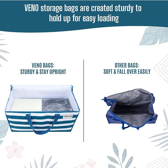 VENO 10 Pack Heavy Duty Moving Bags, Clothes and Comforter Storage Bags with Clear Window, College Dorm Essentials Packing Supplies, Foldable Boxes Alternative (Classic Navy Stripe, 10 Pack)