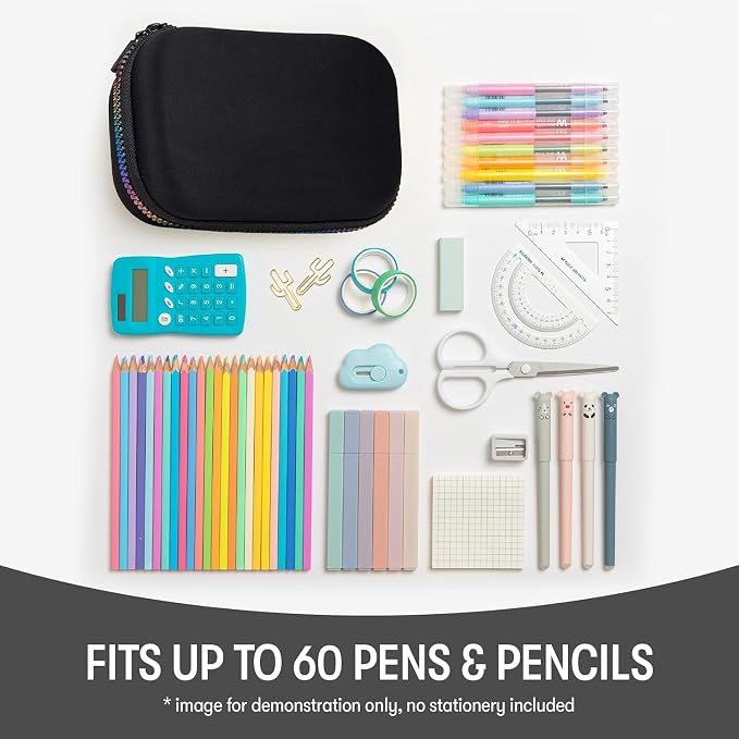 ZIPIT Black & Rainbow Pencil Box for Girls, Cute Pencil Case for School, Large Capacity Stationery Organizer Box