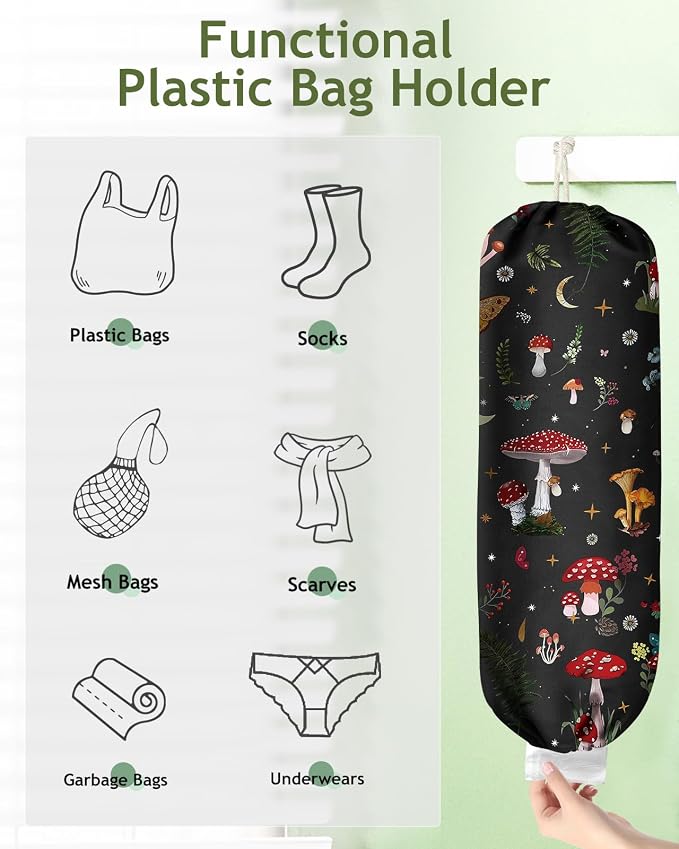Plastic Bag Holder Organizer - 1 Pack Reusable Canvas Grocery Bags Holder Hanging Wall Cute Aesthetic Shopping Bag Storage Dispenser with Drawstring Closure for Kitchen Home, Mushroom