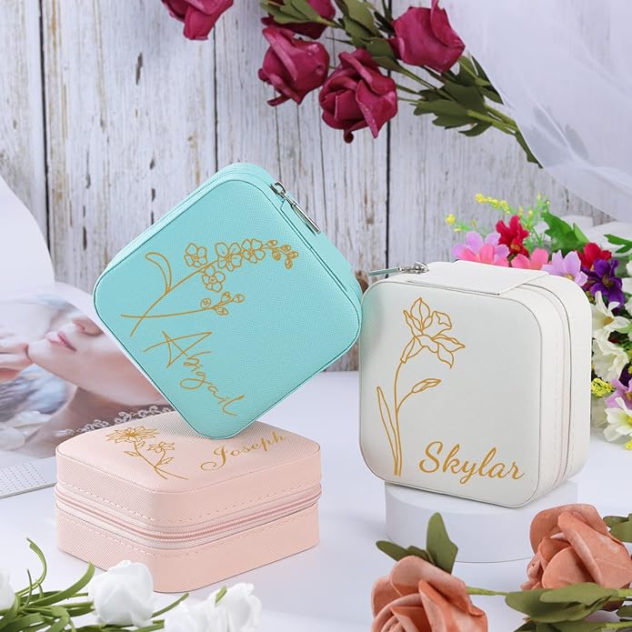 Bridesmaid Gifts Jewelry Box Personalized Small Jewelry Travel Case Custom PU Leather Portable Bridesmaid Proposal Boxes Mini Jewellery Organizer Storage Earrings Rings Necklaces for Women Girls-Pink