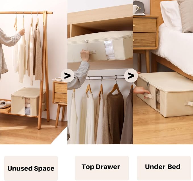 Under Bed Storage with Clear window/ 600D Sturdy Fabric, Underbed Storage Containers Bags for Clothes, Clothing, Blanket, Comforters Organizer (XL（19.7x15.7x12.6in） for 1 comforter, Beige)