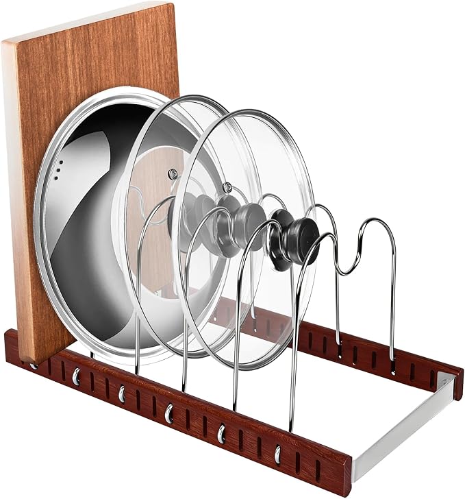 Pot Lid & Pan Organizer, Space-Saving Kitchen Cabinet Organizer W Oak Base & Self-Adaptive Flexible Design for Tray, Baking Sheet, Cutting Board, Cookware, Skillets - Cutting Board Holder Storage