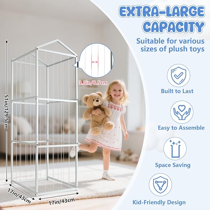 NomNest Stuffed Animal Storage Zoo, Large Metal Plushies Organizer, Heavy Duty Metal Teddy Bear Toy Holder for Kids' Bedroom & Playroom & Nursery (Non-Wheeled, White)