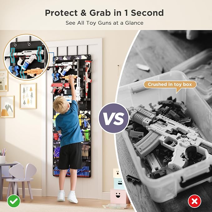 Over the Door Organizer for Toy Guns, Hanging Toy Guns Storage Organizer with Pockets and Slots for Kids Foam Blasters, Darts, Goggles, Toys Storage Door Hanger for Kids Rooms, Game Rooms, Camouflage