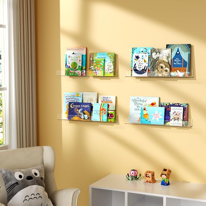 NIUBEE 24-Inch Acrylic Kids Floating Bookshelves, 2-Pack, Wall Mounted Clear Shelves for Kids' Growing Book Collections in Nurseries/Bedroom/Playrooms