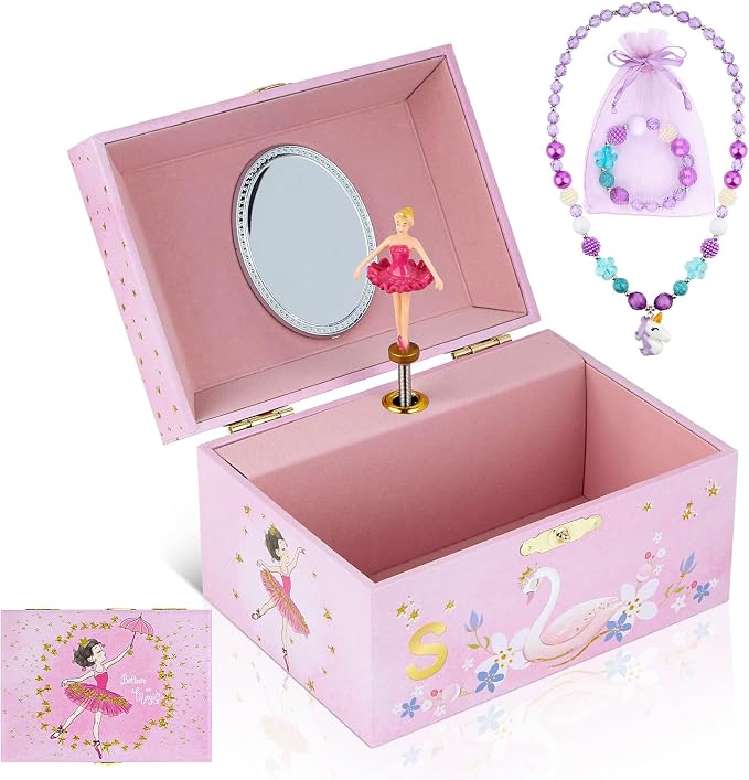TPersonalized Initial S Musical Jewelry Box for Girls - Ballerina Music Box with Spinning Dancer, Includes Unicorn Necklace & Bracelet Set, Custom S Letter Keepsake Gifts for Kids Ages 3-10