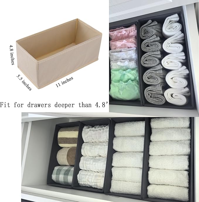Bructhun Sock Drawer Organizer 6 Pack - Collapsible Fabric Storage Bins for Underwear Divider, Small Closet Organizers with 6 Compartments, Beige