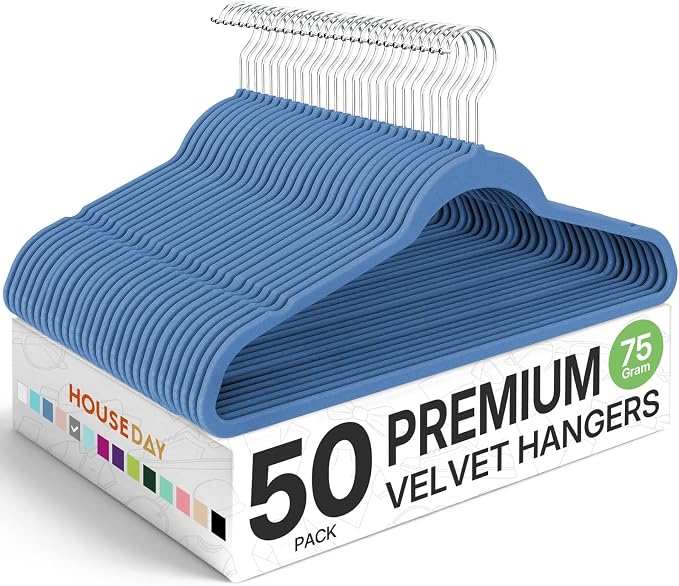 HOUSE DAY Premium Velvet Hangers 50 Pack Blue, Non-Slip Flocked Felt Hangers, Sturdy Clothes Hanger with 360° Rotatable Hook, Heavy Duty Durable Slim Coat Hanger for Closet Space Saving