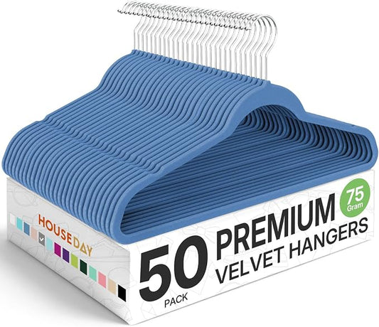 HOUSE DAY Premium Velvet Hangers 50 Pack Blue, Non-Slip Flocked Felt Hangers, Sturdy Clothes Hanger with 360° Rotatable Hook, Heavy Duty Durable Slim Coat Hanger for Closet Space Saving