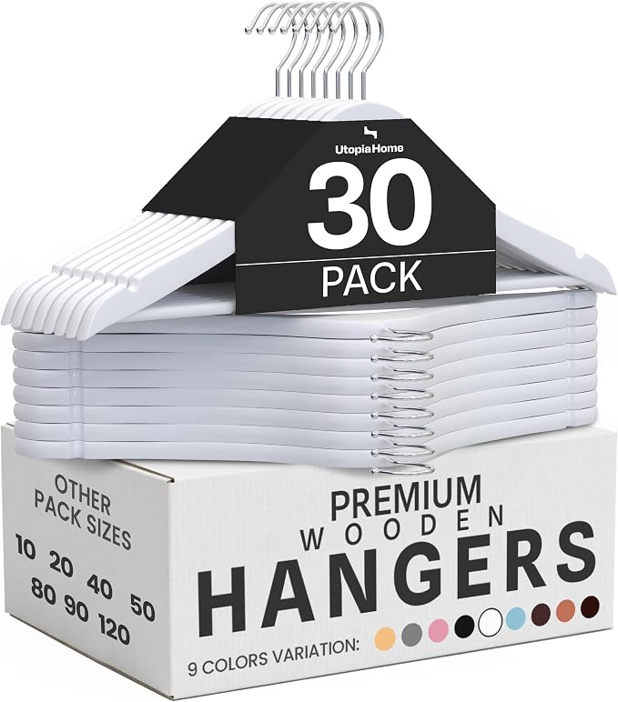 Utopia Home Premium Wooden Hangers 30 Pack - Durable & Slim Coat Hanger - Suit Hangers with 360-Degree Rotatable Hook - Wood Hangers with Shoulder Grooves (White)