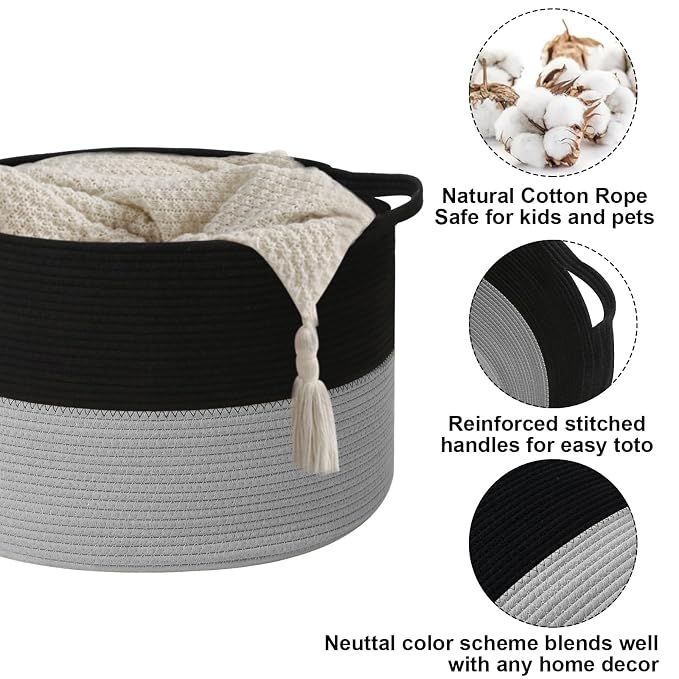 65L Large Blanket Basket, 19.7" L x 19.7" W x 13" H Rope Woven Storage Basket,Laundry Hamper for Toys, Clothes, Pillows,Towels, Perfect for Living Room, Nursery & Bedroom,Black&Light Grey